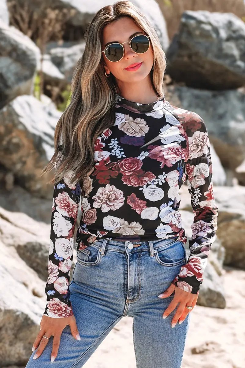 Pink Mesh Floral Print Mock Neck Long Sleeve Slim Top - Love Salve